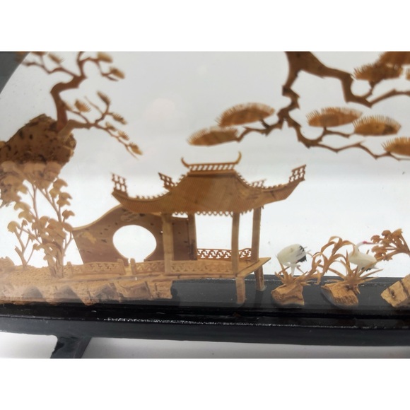 Vintage Chinese Cork Art Mini Diorama 3D Carved Scene Courting Cranes Lacquered - Picture 6 of 8